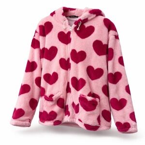 SHEIN Curve Pink Heart Print Fuzzy Zip Hoodie Teddy Jacket Women's 2XL